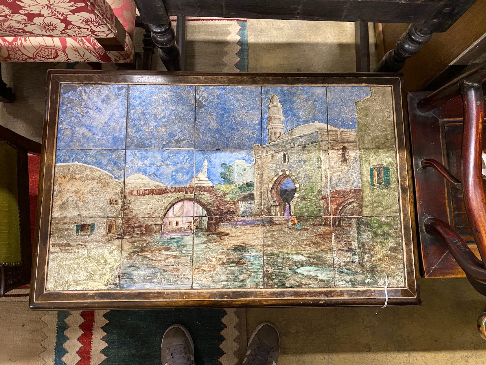 A Jacobean revival rectangular tile top coffee table, width 86cm, depth 59cm, height 54cm